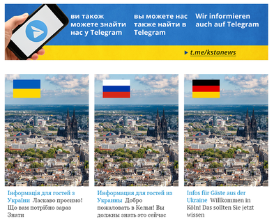 Screenshot der Startseite „Willkommen in Köln“, Informationen für Geflüchtete gibt es auf Ukrainisch, Russisch und Deutsch.